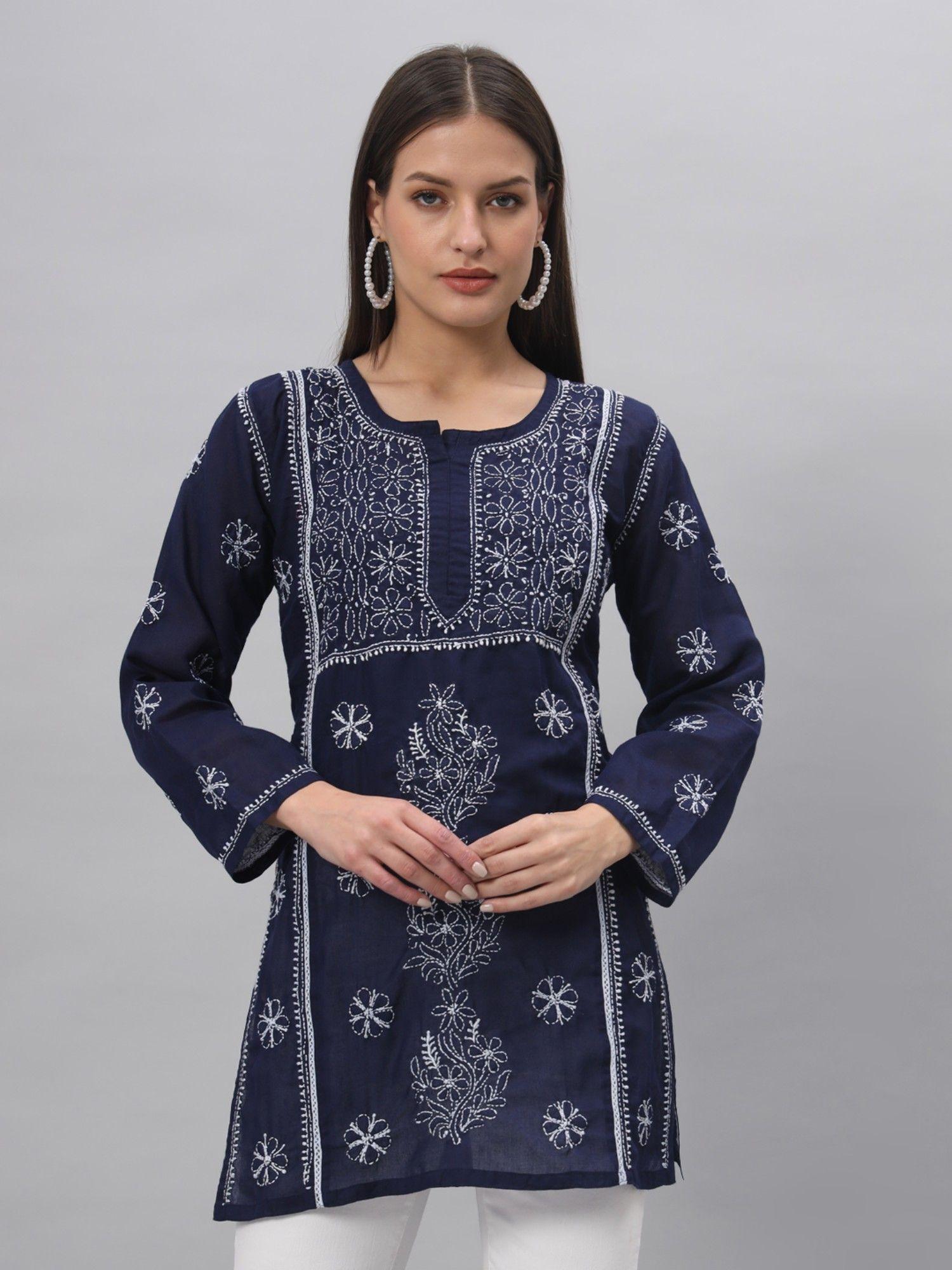 women's navy blue hand embroidered lucknowi chikankari cotton tunic