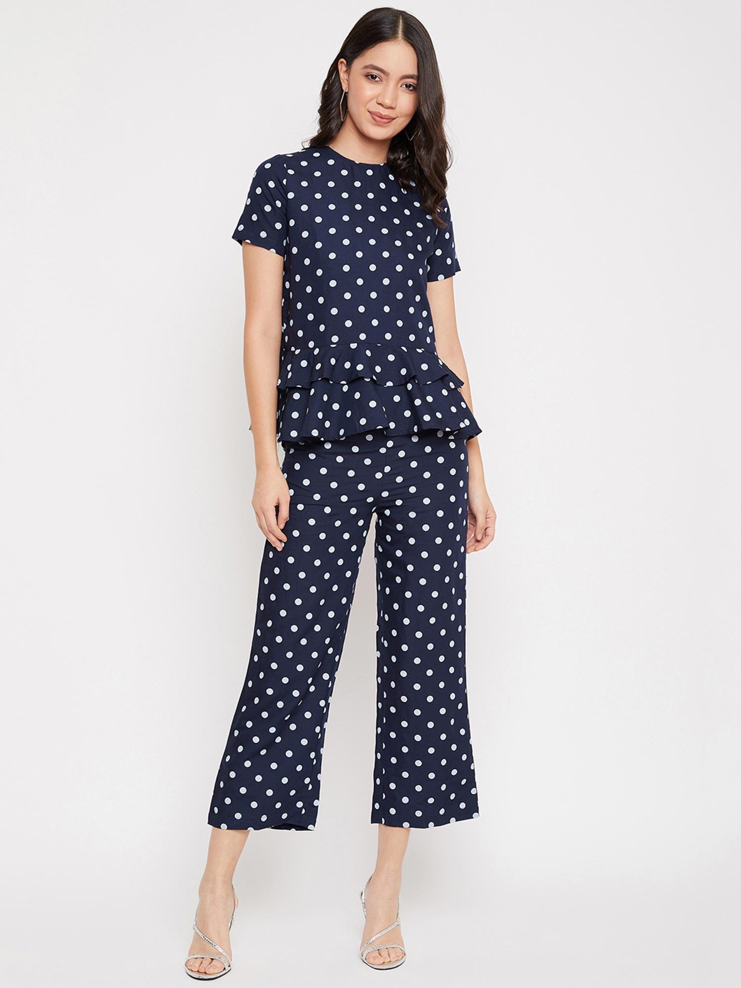 women's navy blue polka dots co-ord (set of 2)