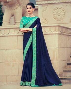 women's navy blue pure chiffon striped with brocade lace saree with unstitched blouse saree