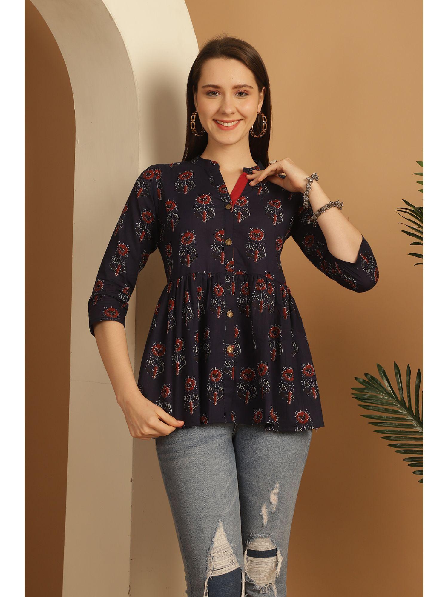 women's navy blue pure cotton floral printed short tunic