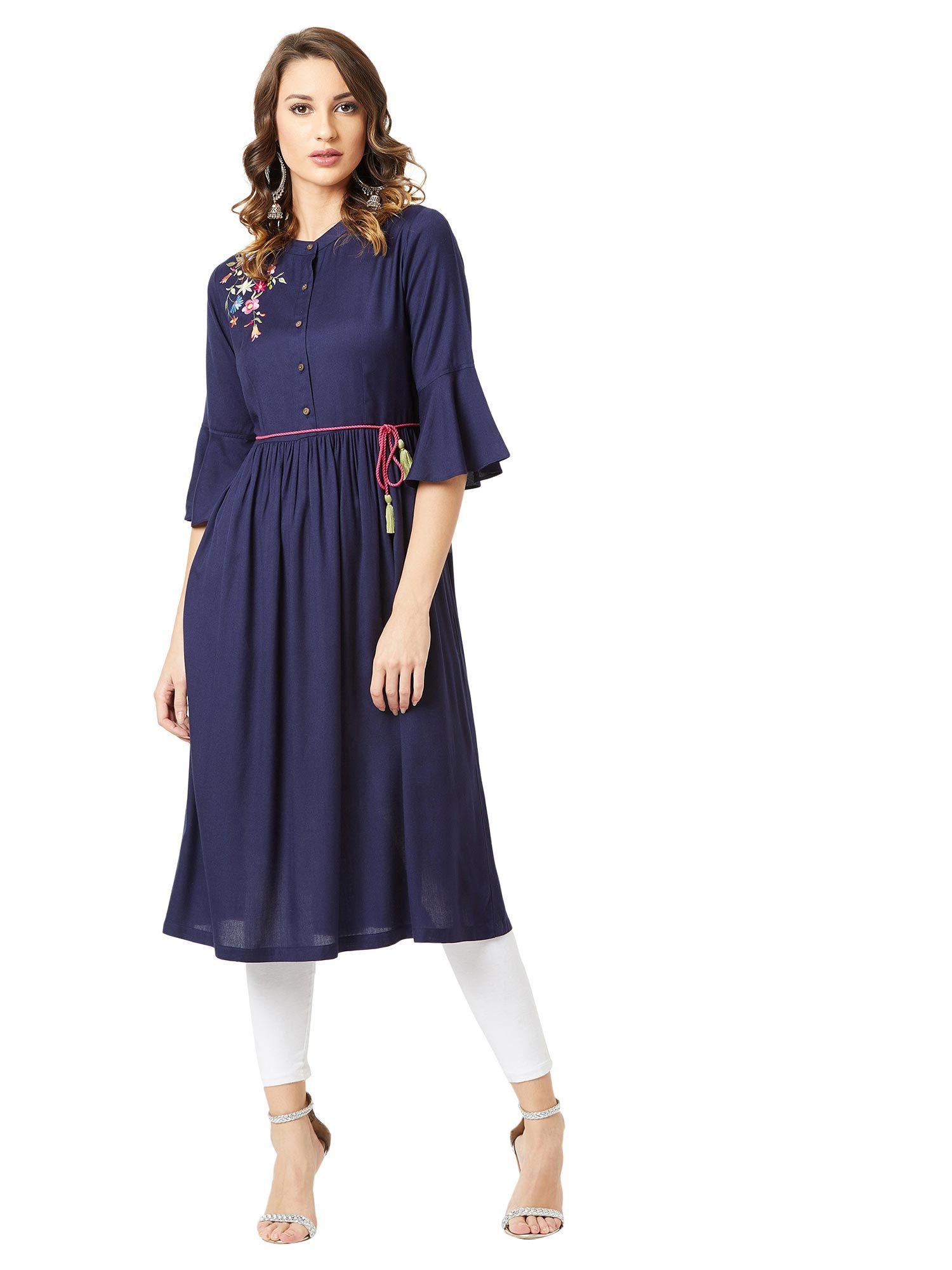 women's navy blue round neck 3/4 sleeve solid embroidered gathered midi dress