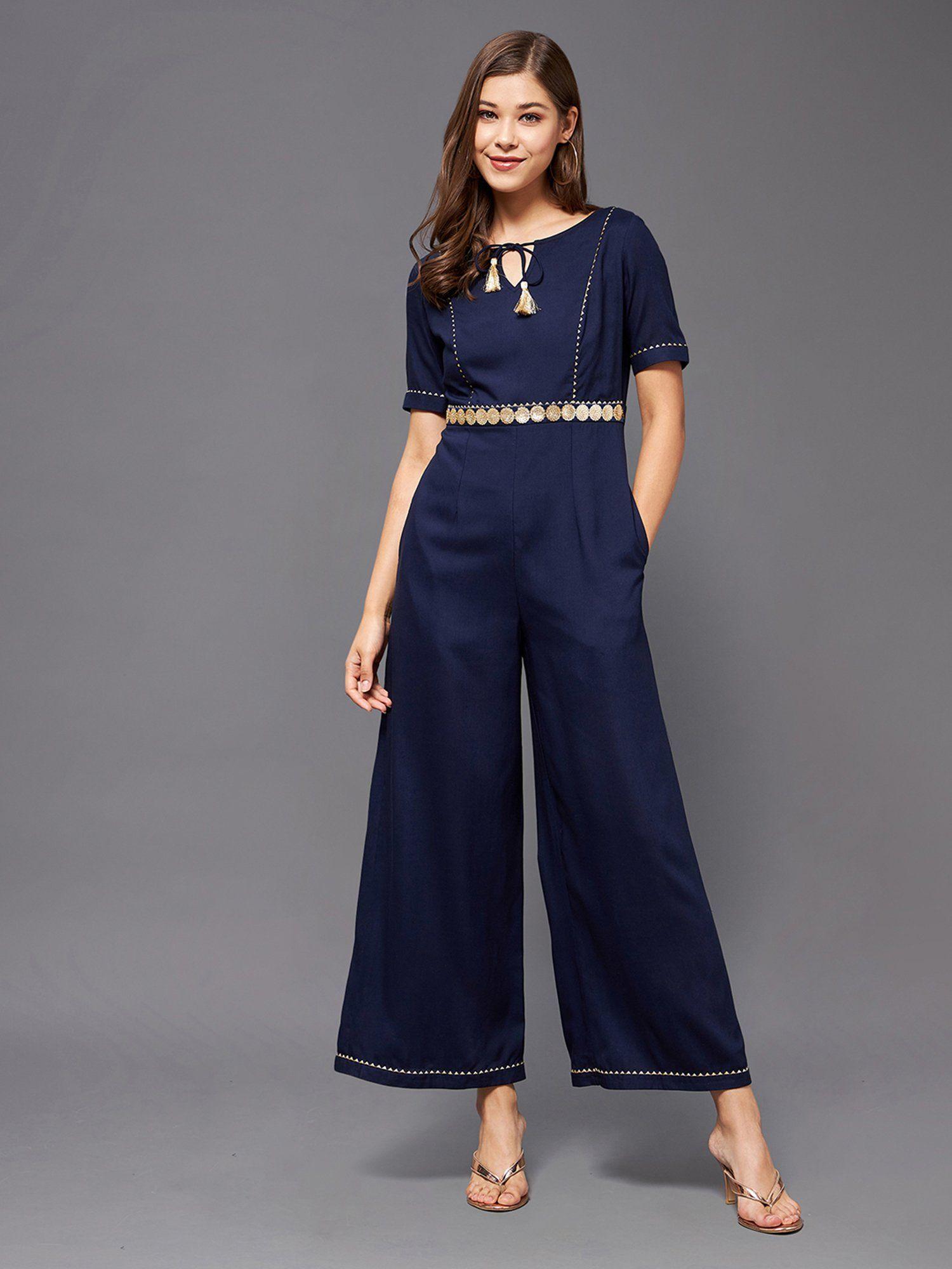 women's navy blue round neck half sleeve viscose embellished straight leg jumpsuit