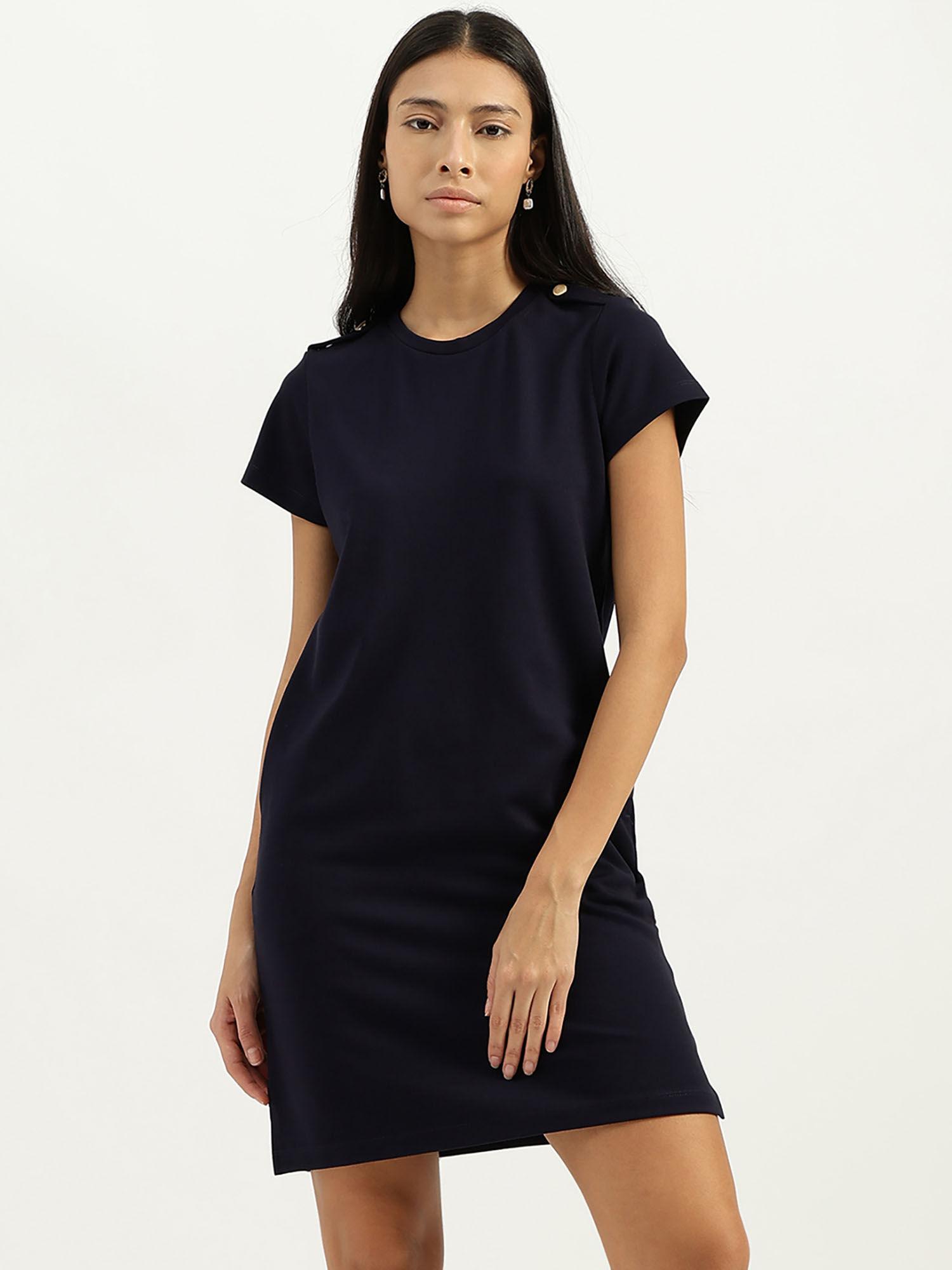 women's navy blue round neck solid mini dress