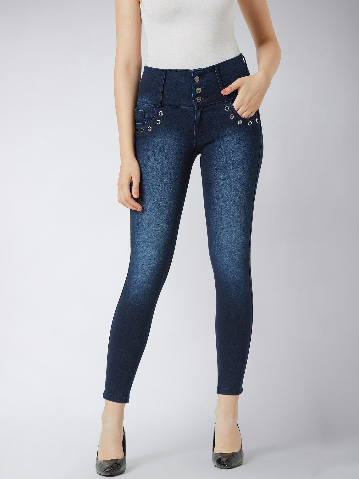 women's navy blue skinny fit high rise regular length stretchable denim pants