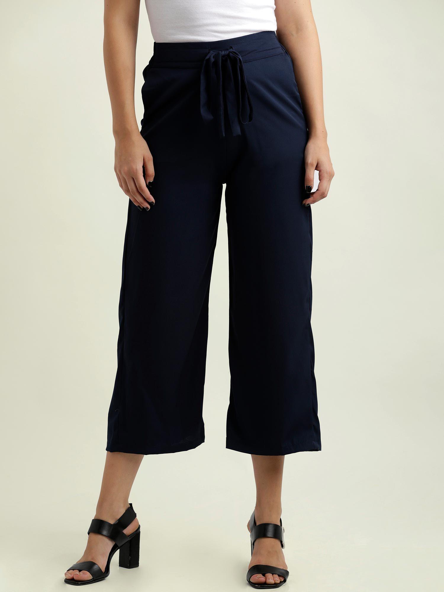 women's navy blue solid straight fit belted culottes