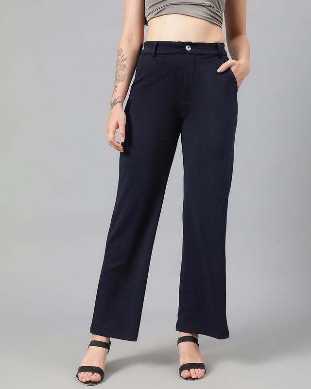 women's navy blue straight fit trousers