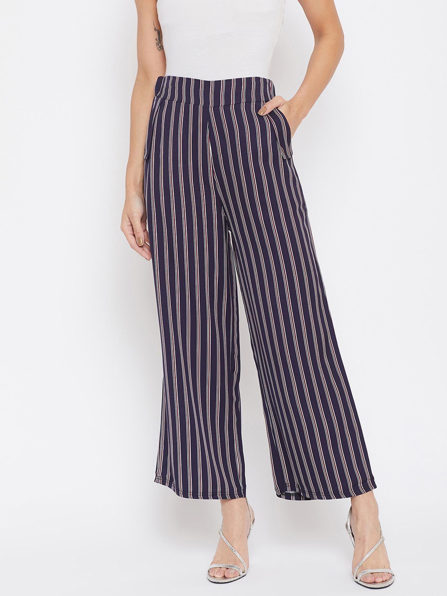 women's navy blue stripes trousers