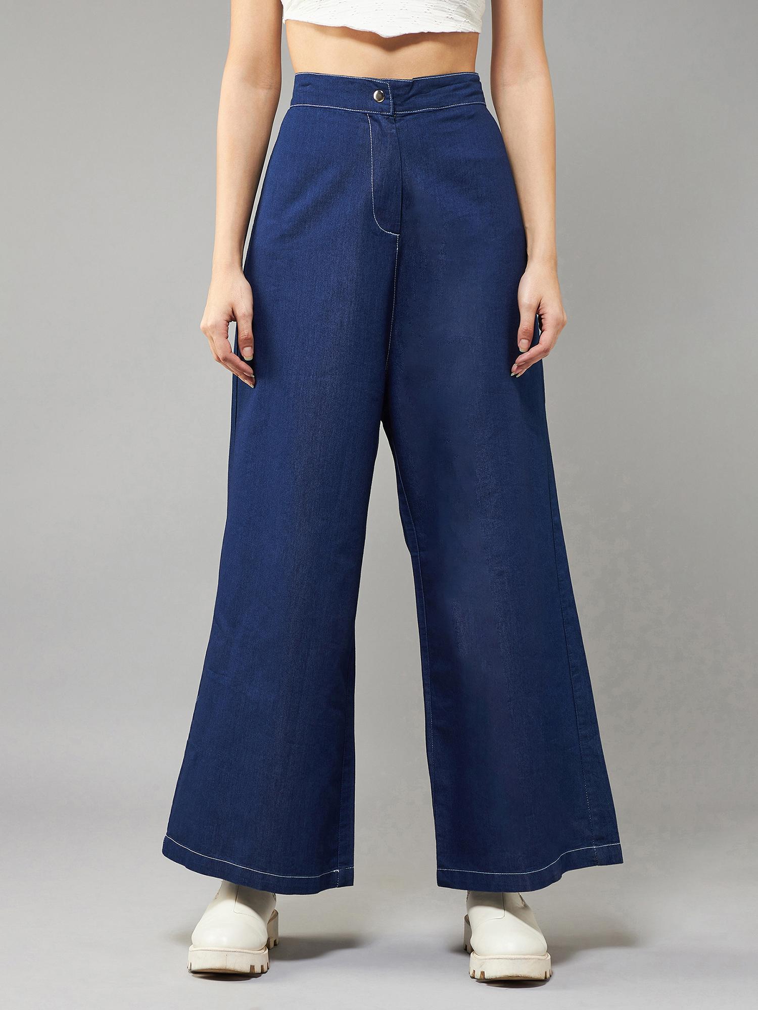 women's navy blue wide-leg high rise clean look light weight denim pants