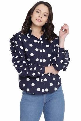 women's navy ruffled sleeve shirt - navy