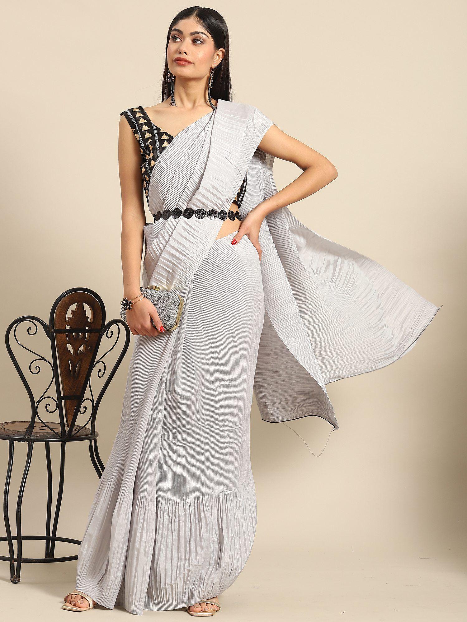 women's net white embellished celebrity saree with unstitched blouse