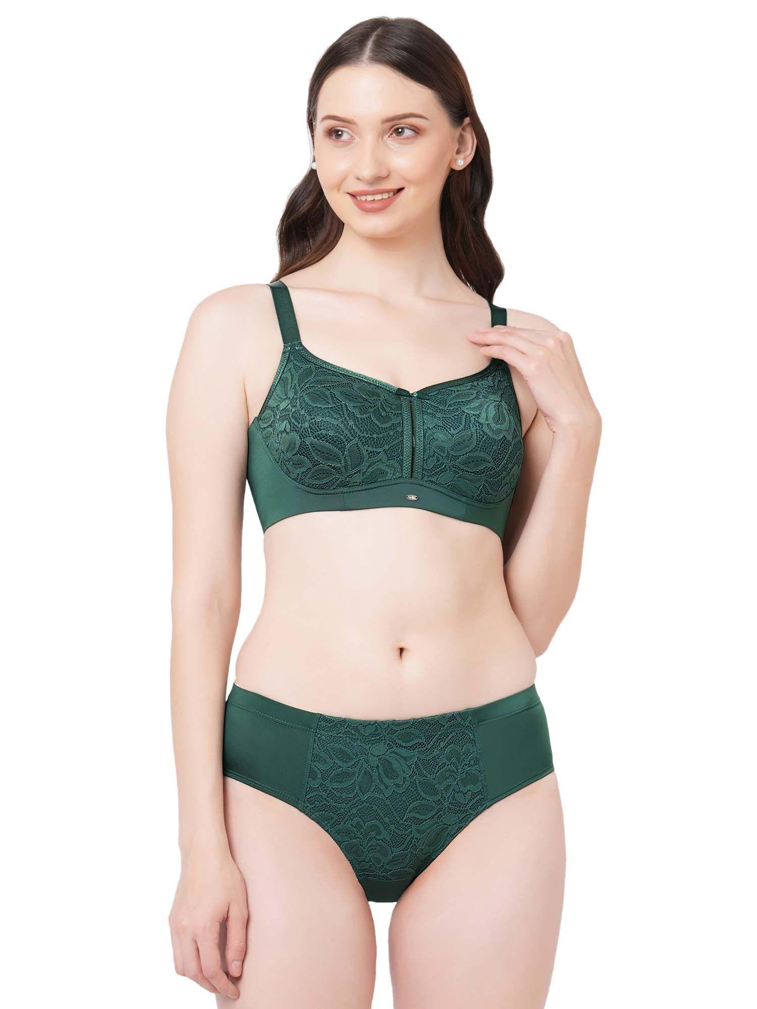 women's non-padded non-wired lace bra with high waist lace brief green (set of 2)