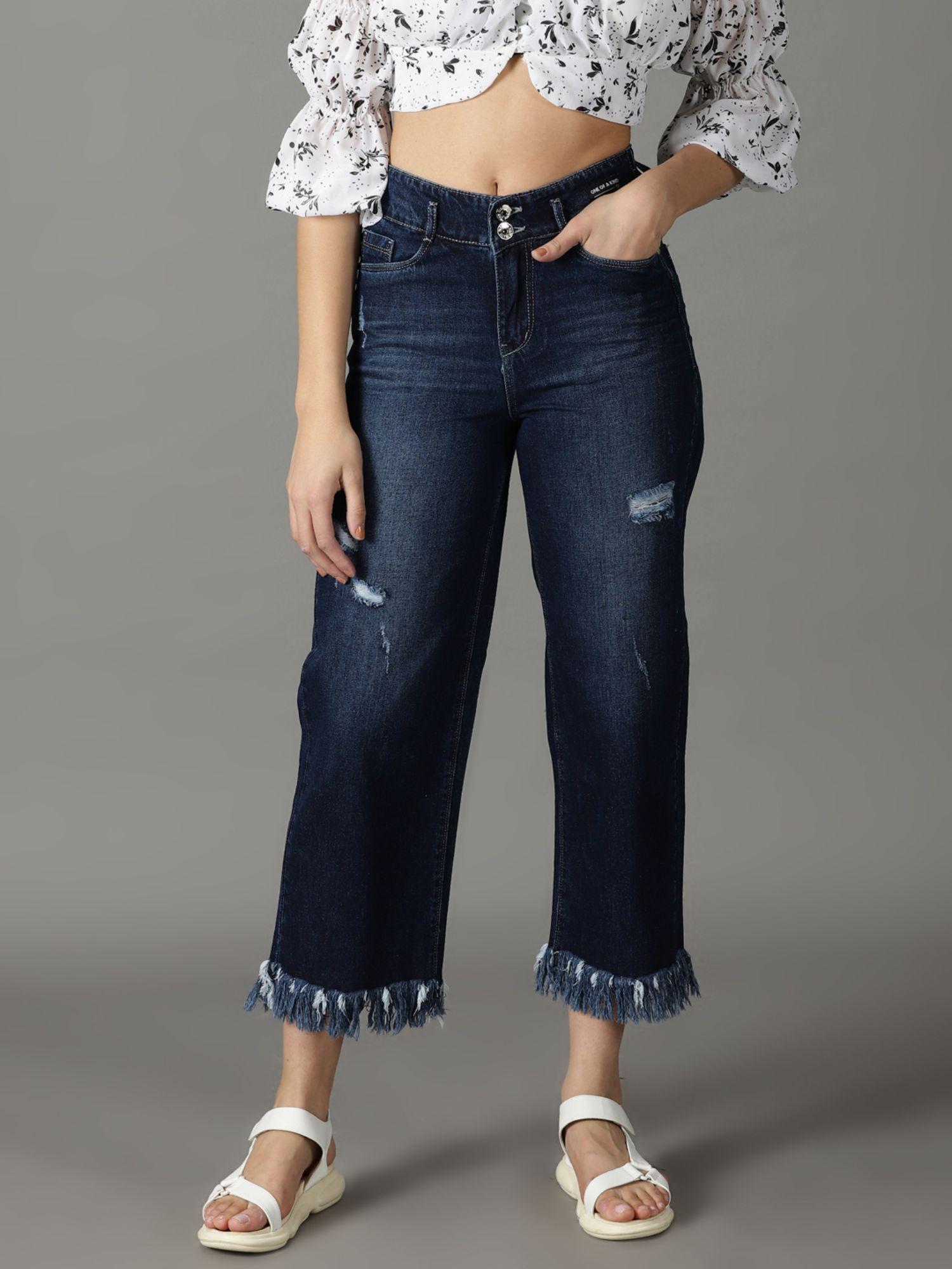 women's non stretchable mildly distressed navy blue wide leg jeans