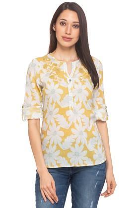 women's notched neck floral print tunic - mustard