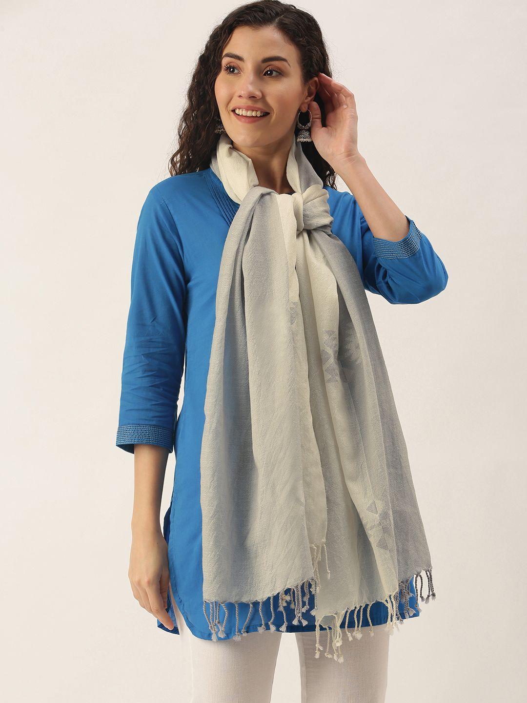 women's off- white and grey merino wool handloom jamdani stole