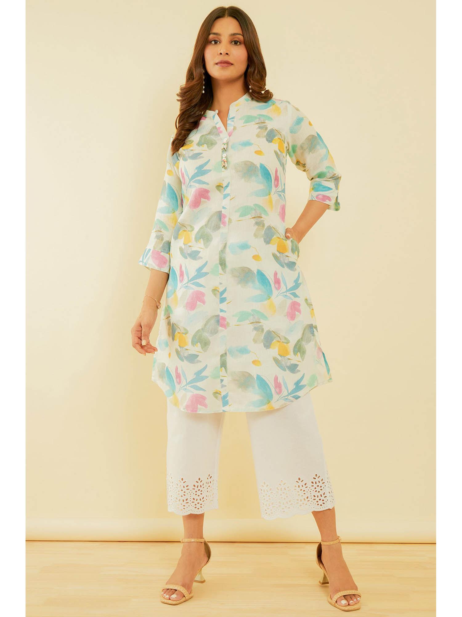 women's off white & blue linen blend abstract print kurta