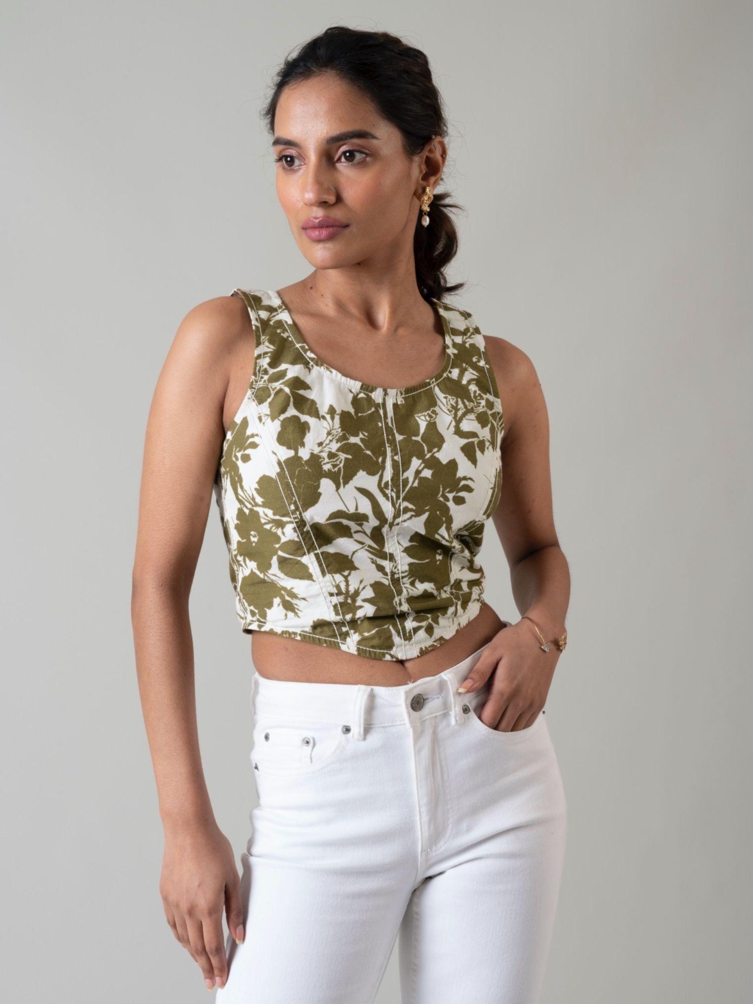 women's olive cotton eden floral corset top