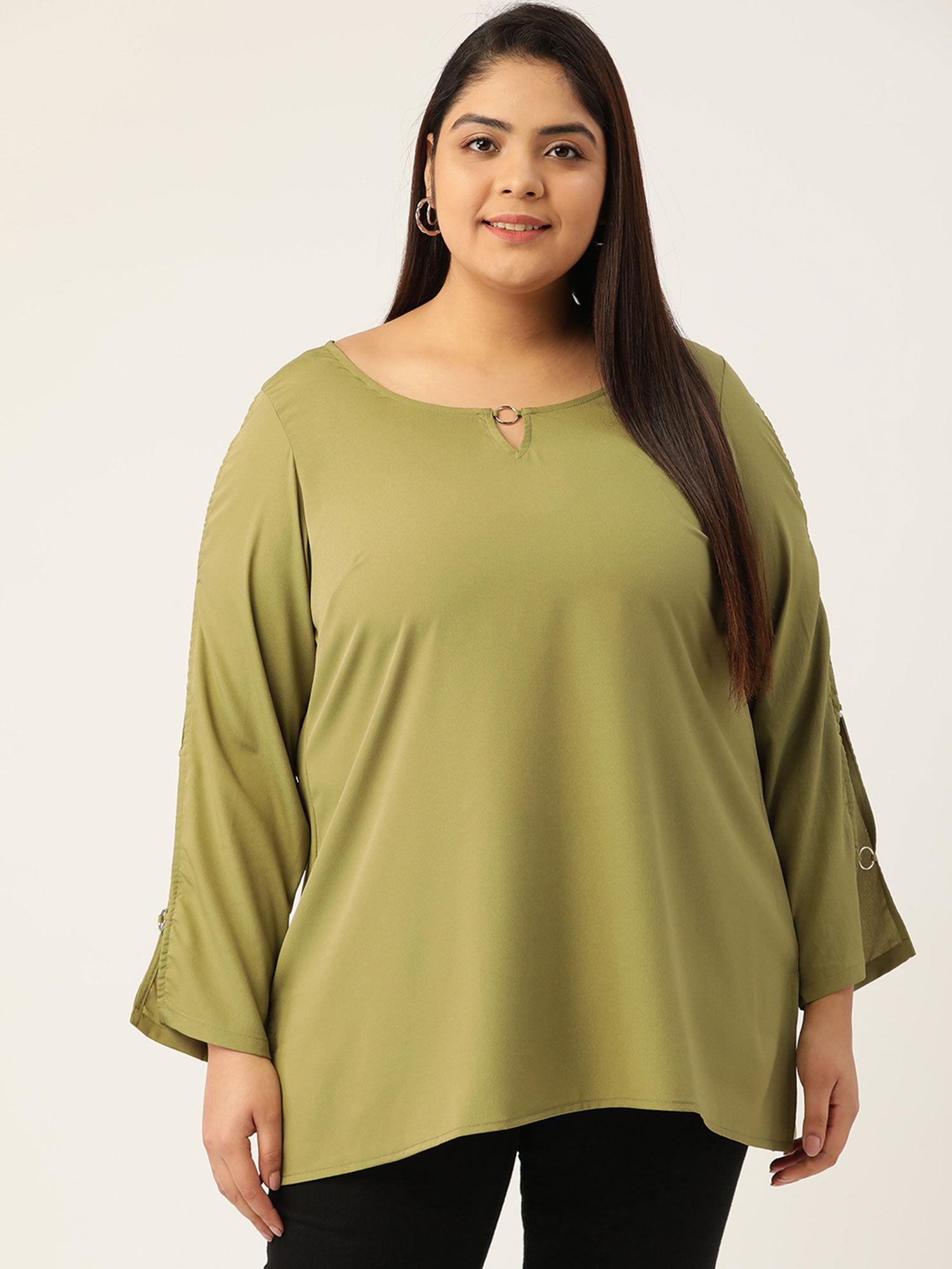 women's olive green solid color keyhole neck top