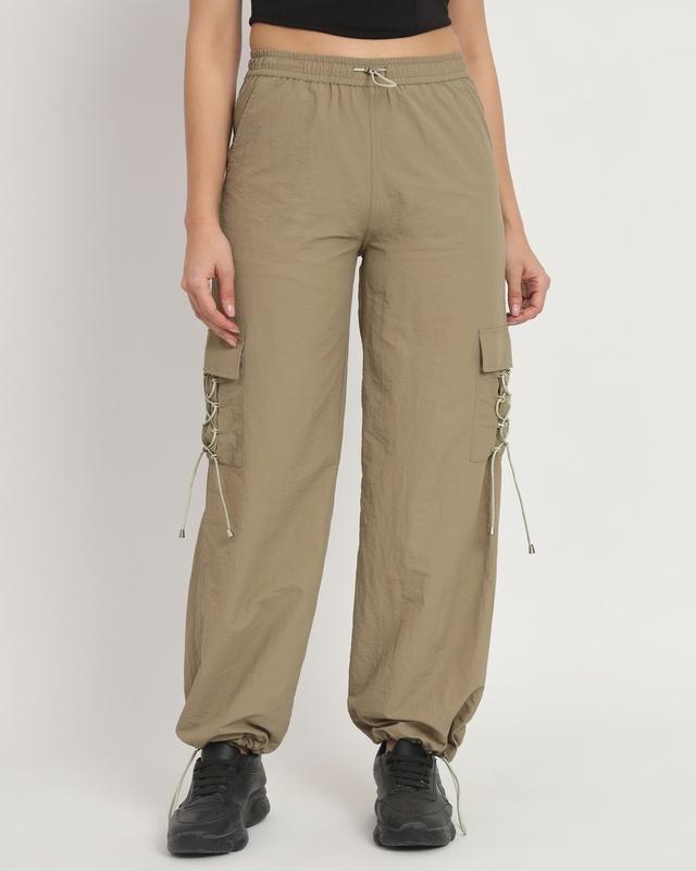 women's olive green tapered fit cargo parachute pants