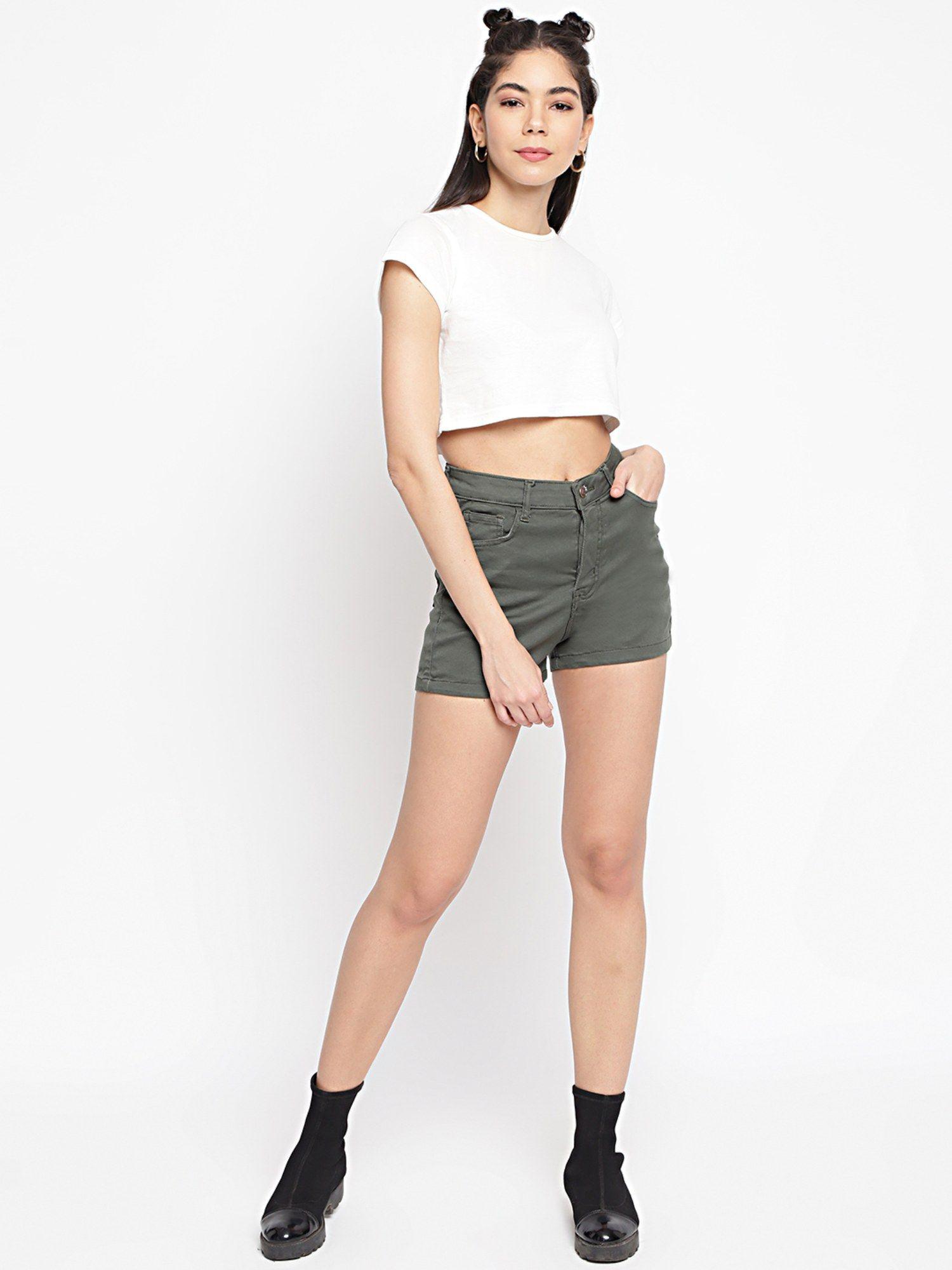 women's olive high rise solid denim shorts