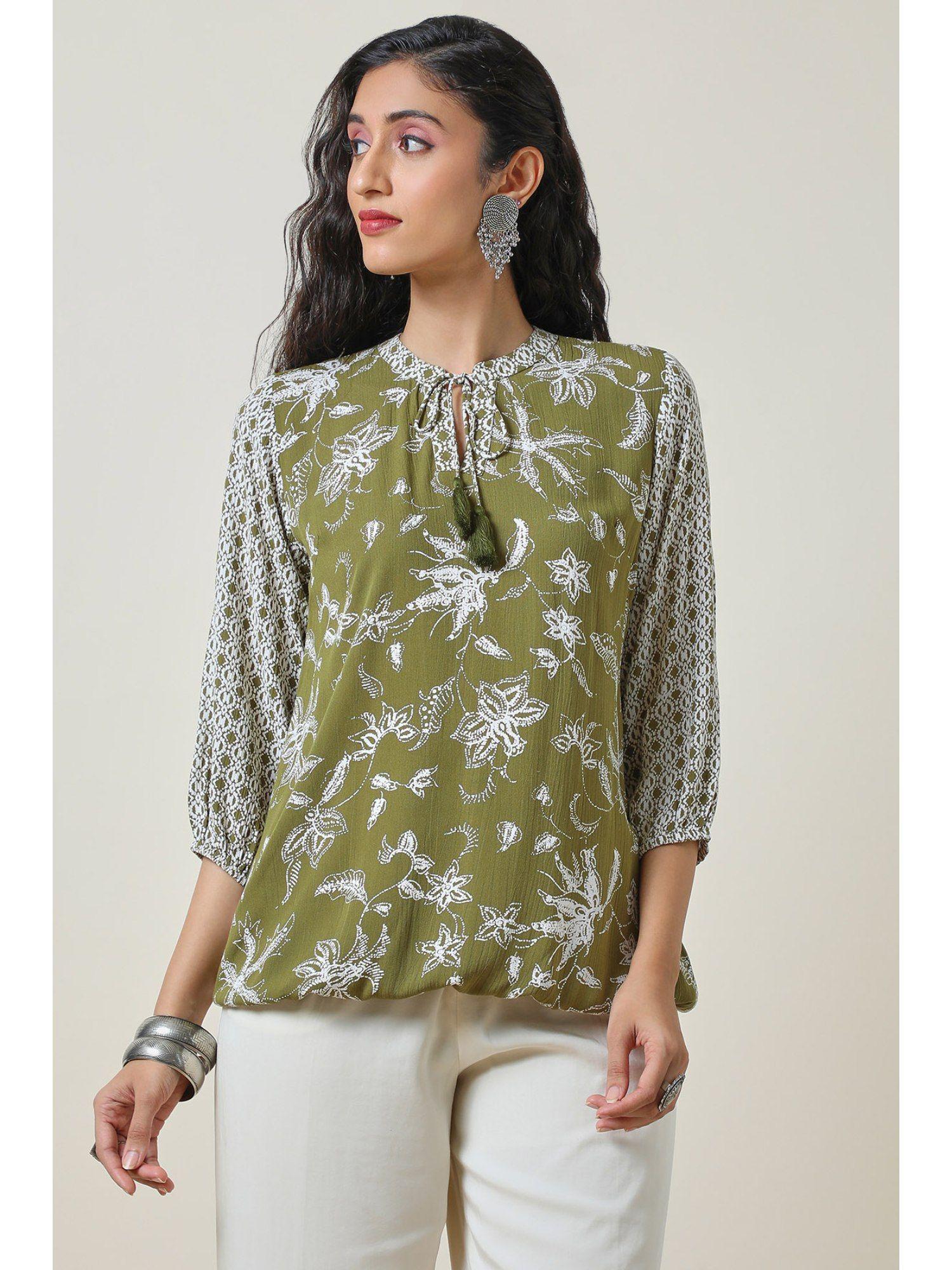 women's olive printed rayon crepe blouson top