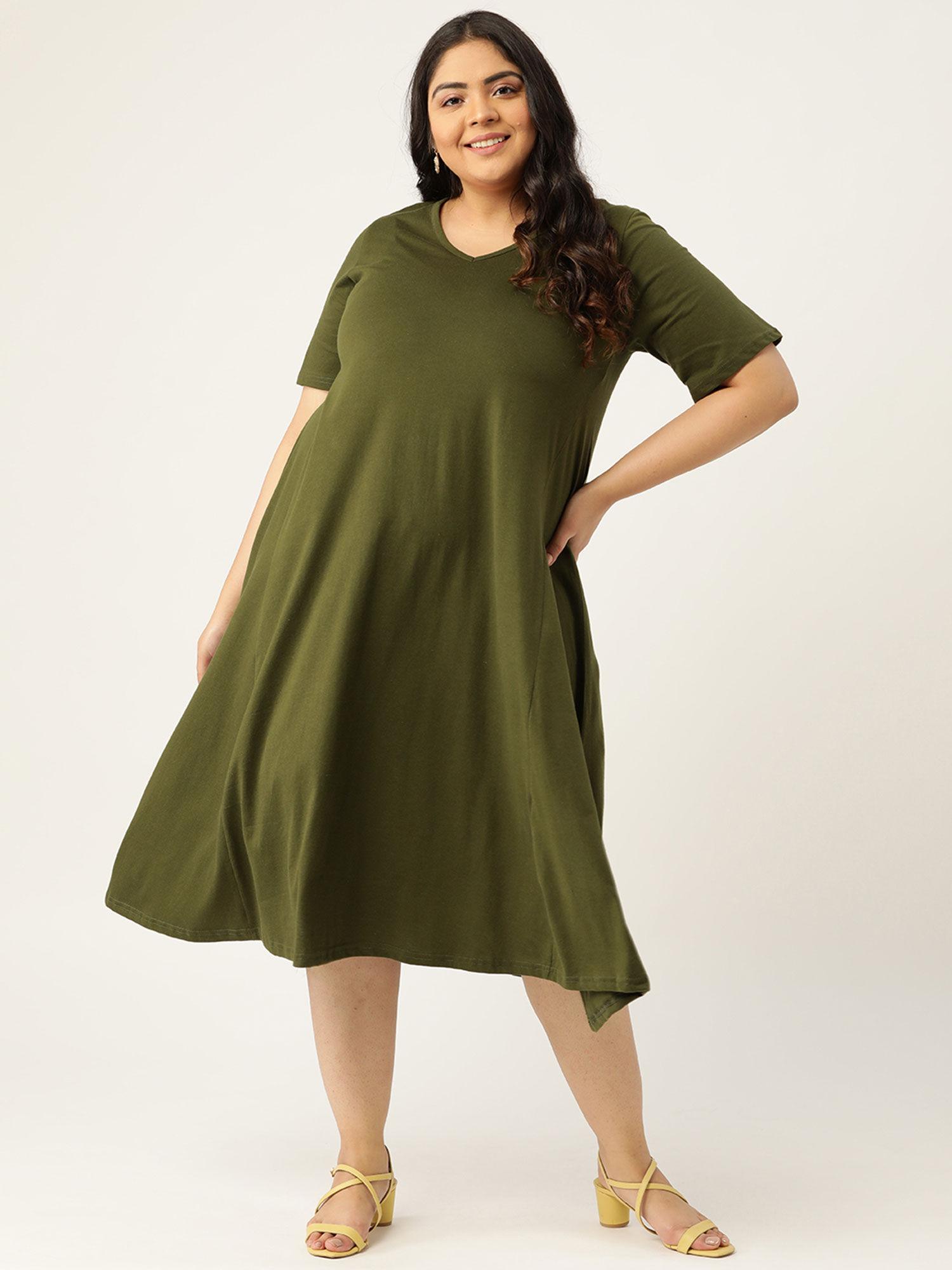 women's olive solid color v-neck cotton a-line dress