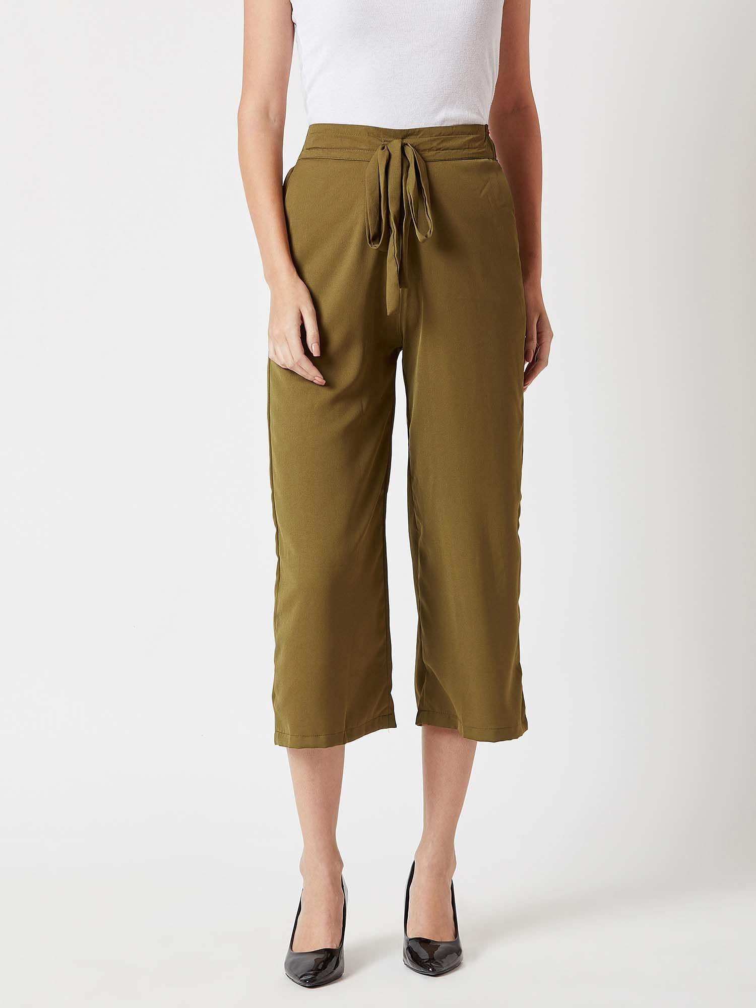 women's olive solid straight fit belted culottes