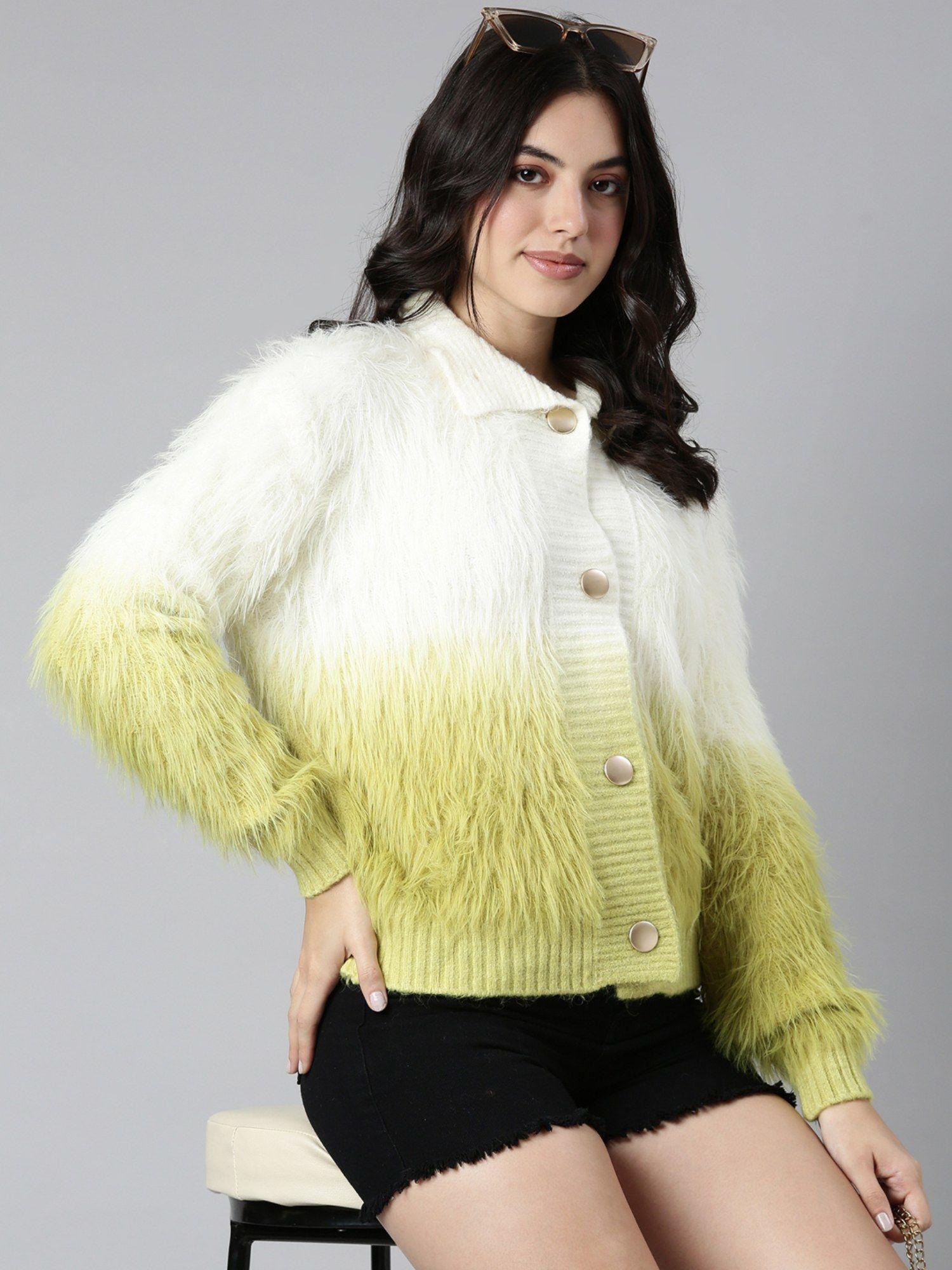 women's ombre mock collar regular green fuzzy cardigan