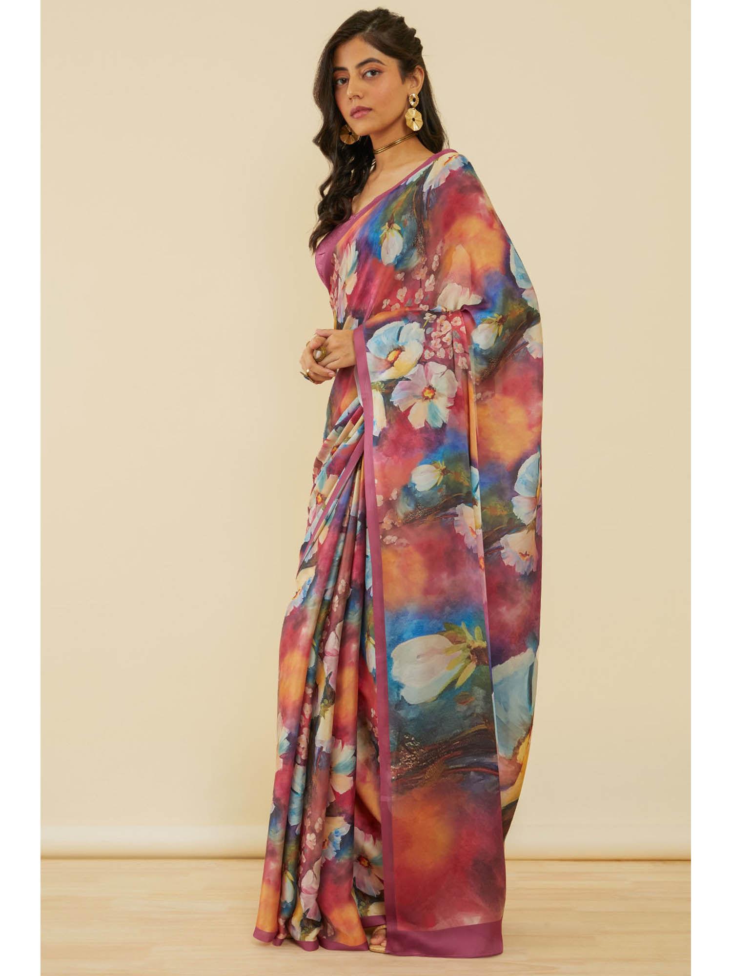 women's onion pink floral print crepe saree with unstitched blouse