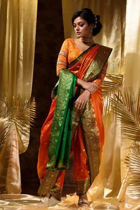 women's orange banarasi satin silk saree with stone work with blouse piece - orange