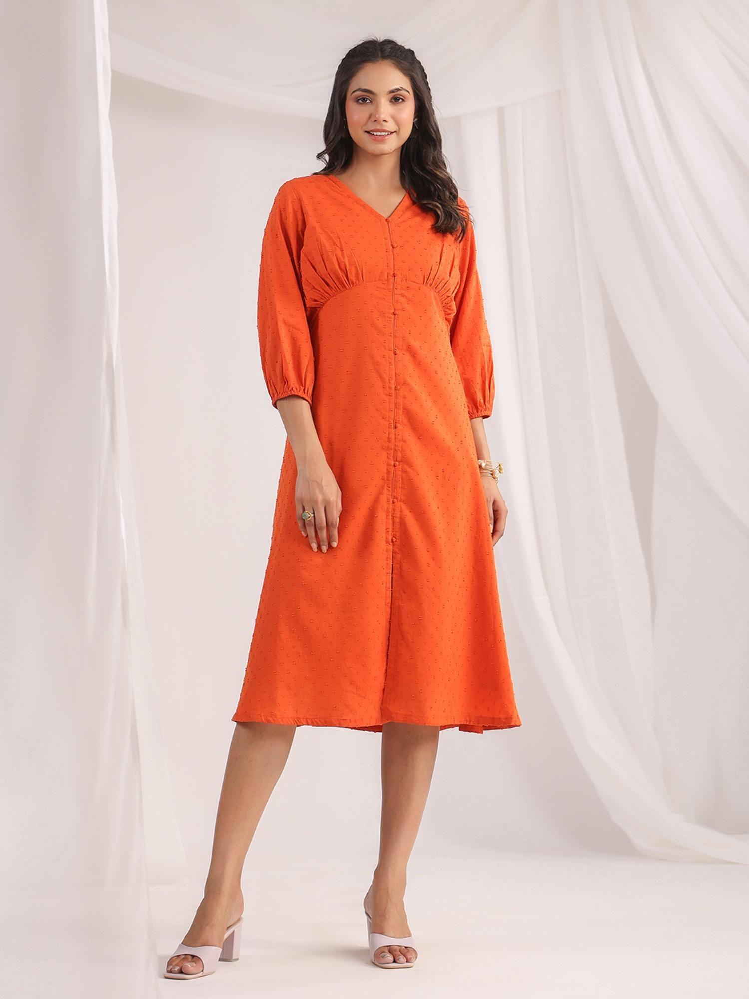 women's orange dobby cotton woven design a-line dress