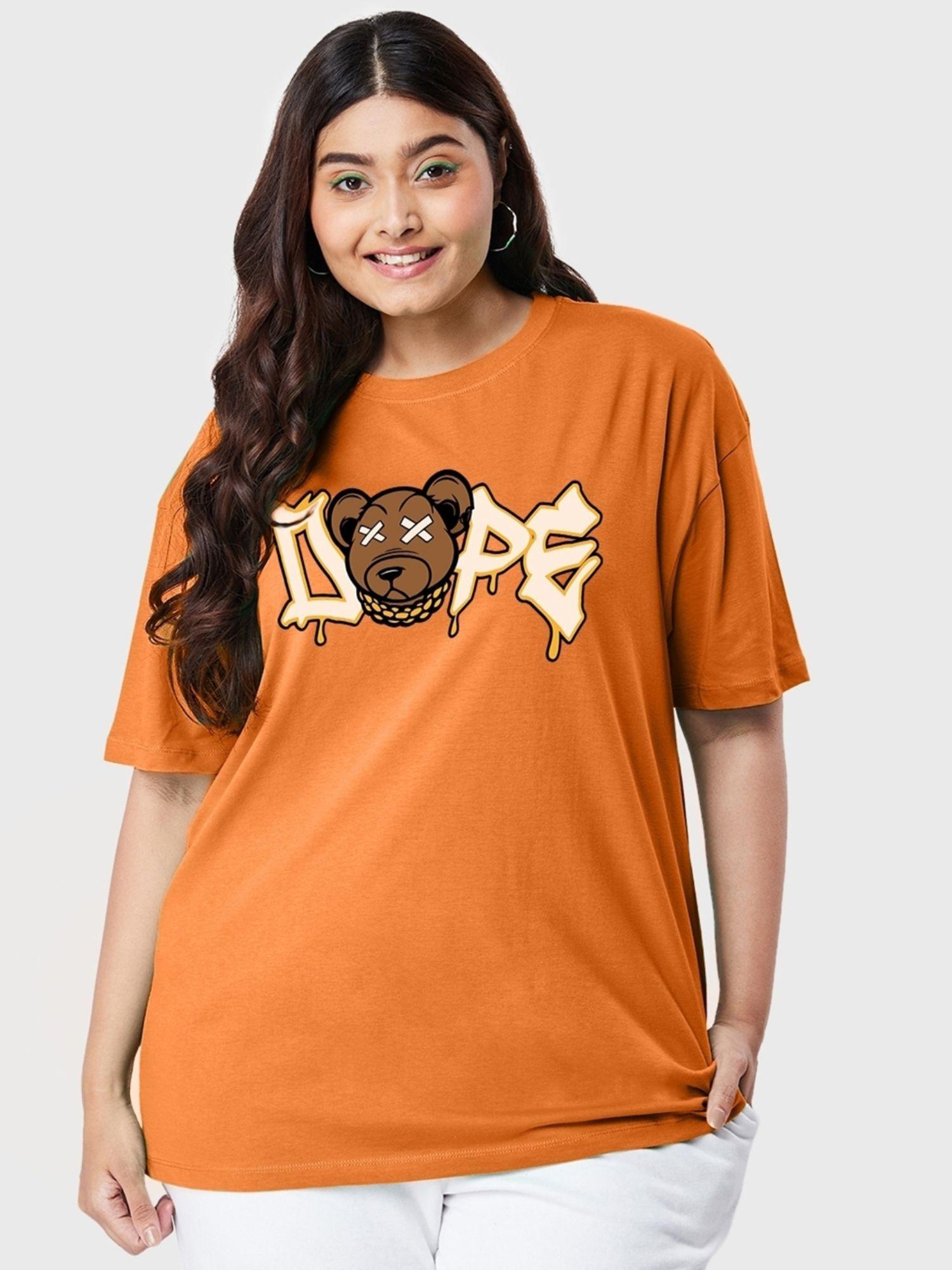 women's orange dope bear graphic printed oversized plus size t-shirt