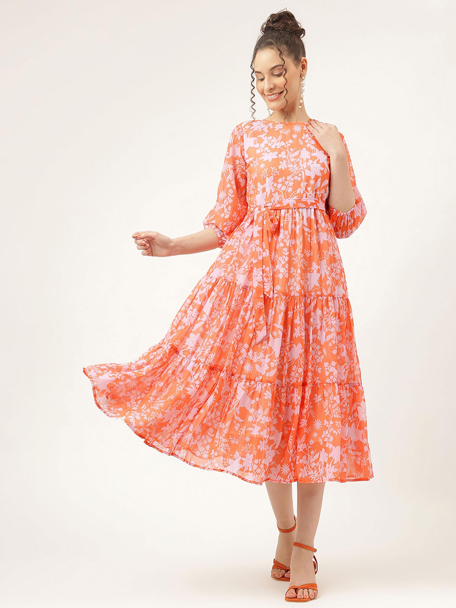 women's orange flower printed fit & flare midi dress (set of 2)