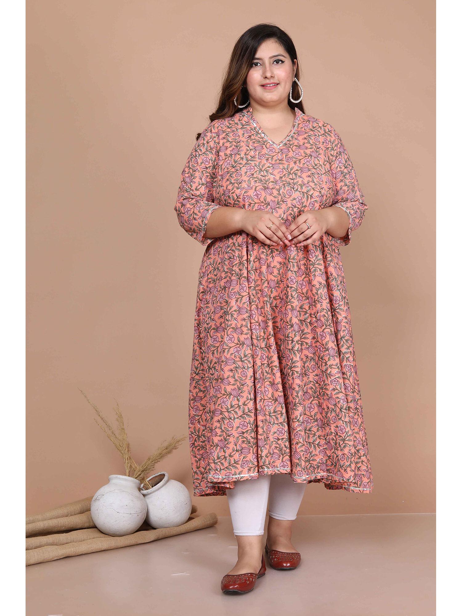 women's orange plus size cotton floral printed anarkali kurta