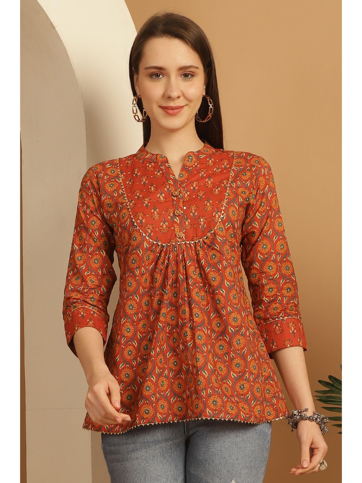 women's orange pure cotton floral printed short tunic