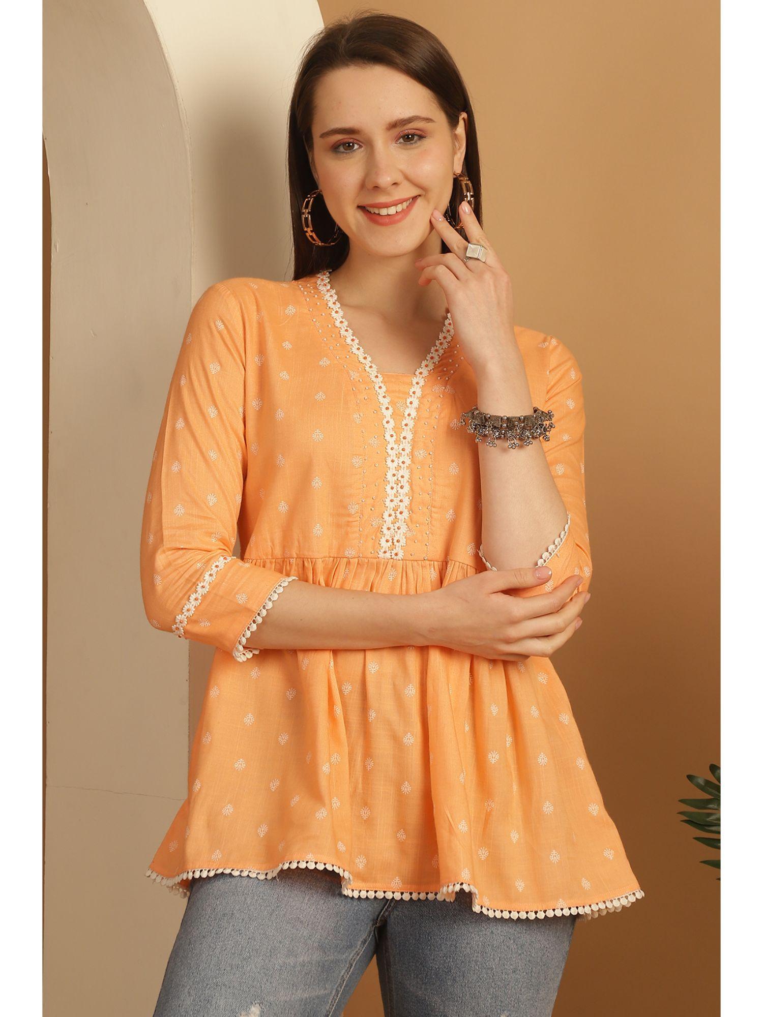 women's orange pure cotton jaipuri printed short tunic