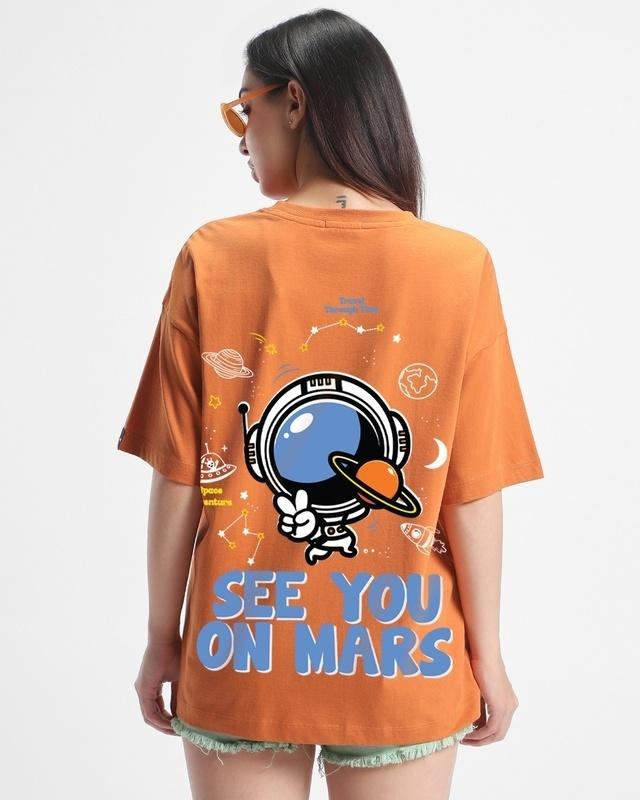 women's orange space adventure graphic printed oversized t-shirt