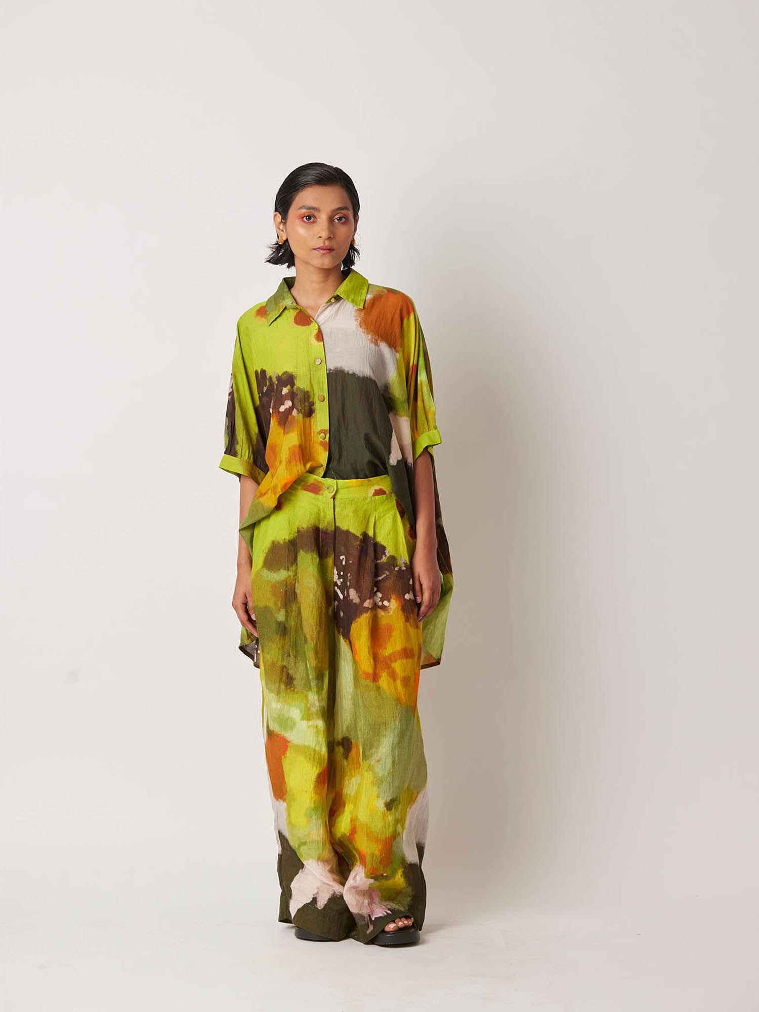 women's orgey tie & dye & printed green shirt