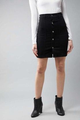 women's over the knee denim skirt - black