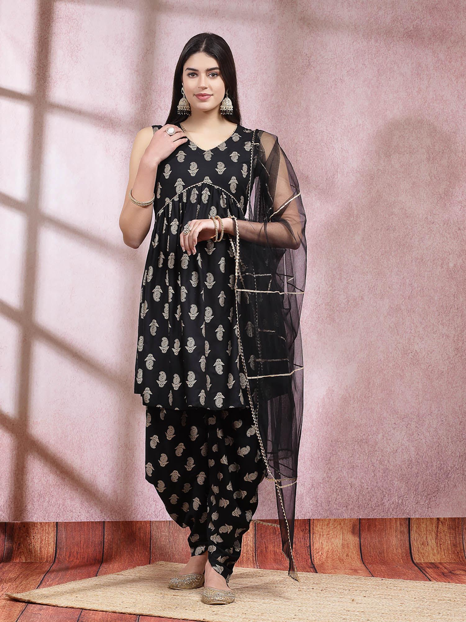 women's paisley printed rayon pleated kurta dhoti dupatta (set of 3)