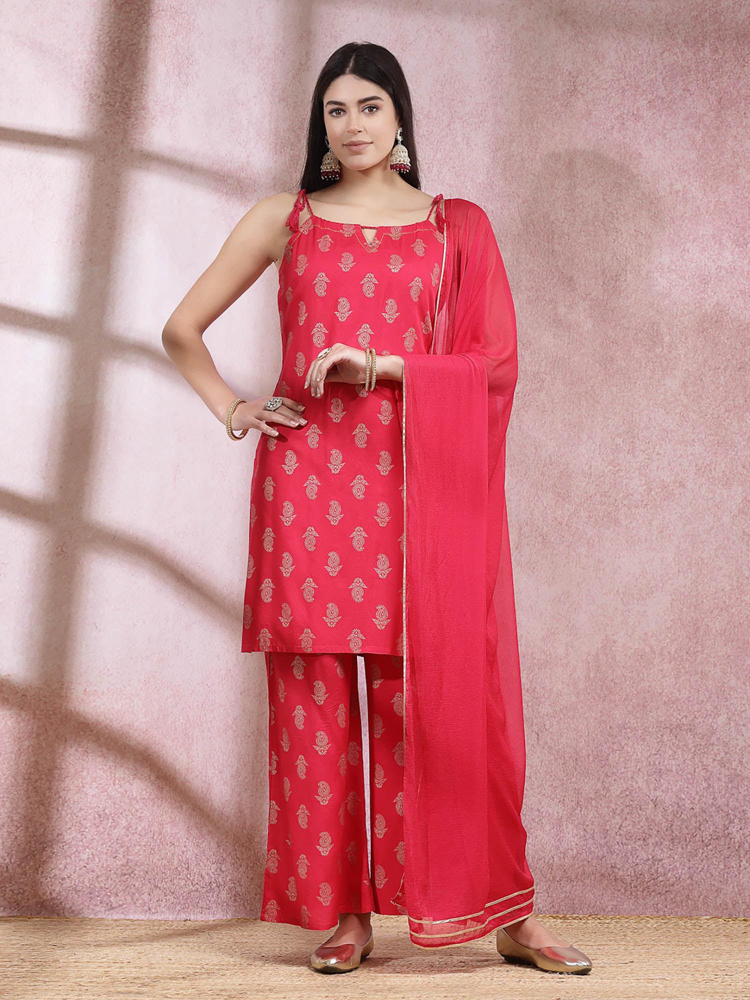 women's paisley rayon sleeveless straight kurta with palazzo and dupatta (set of 3)