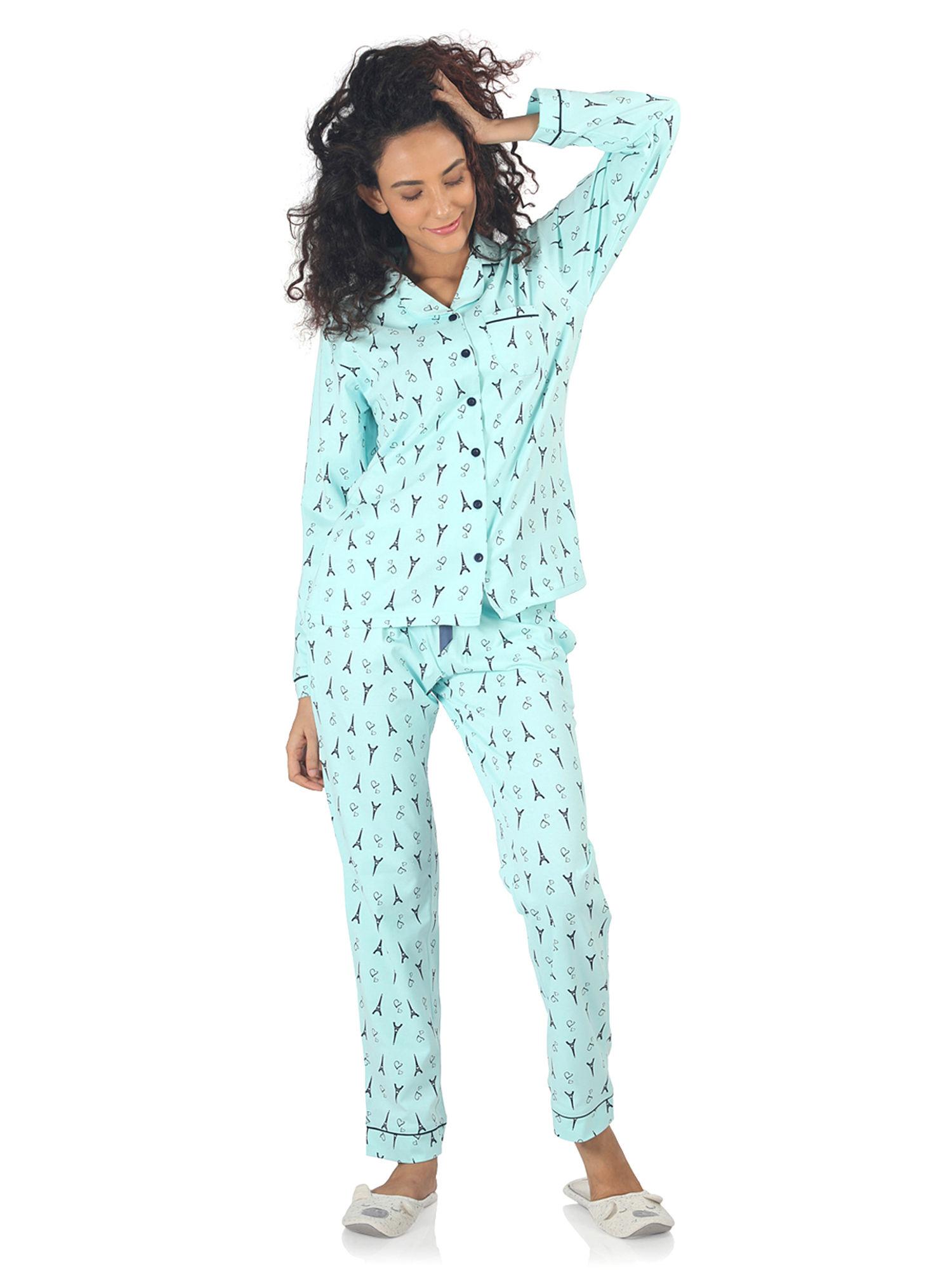 women's paris i love you cotton pyjama set - blue