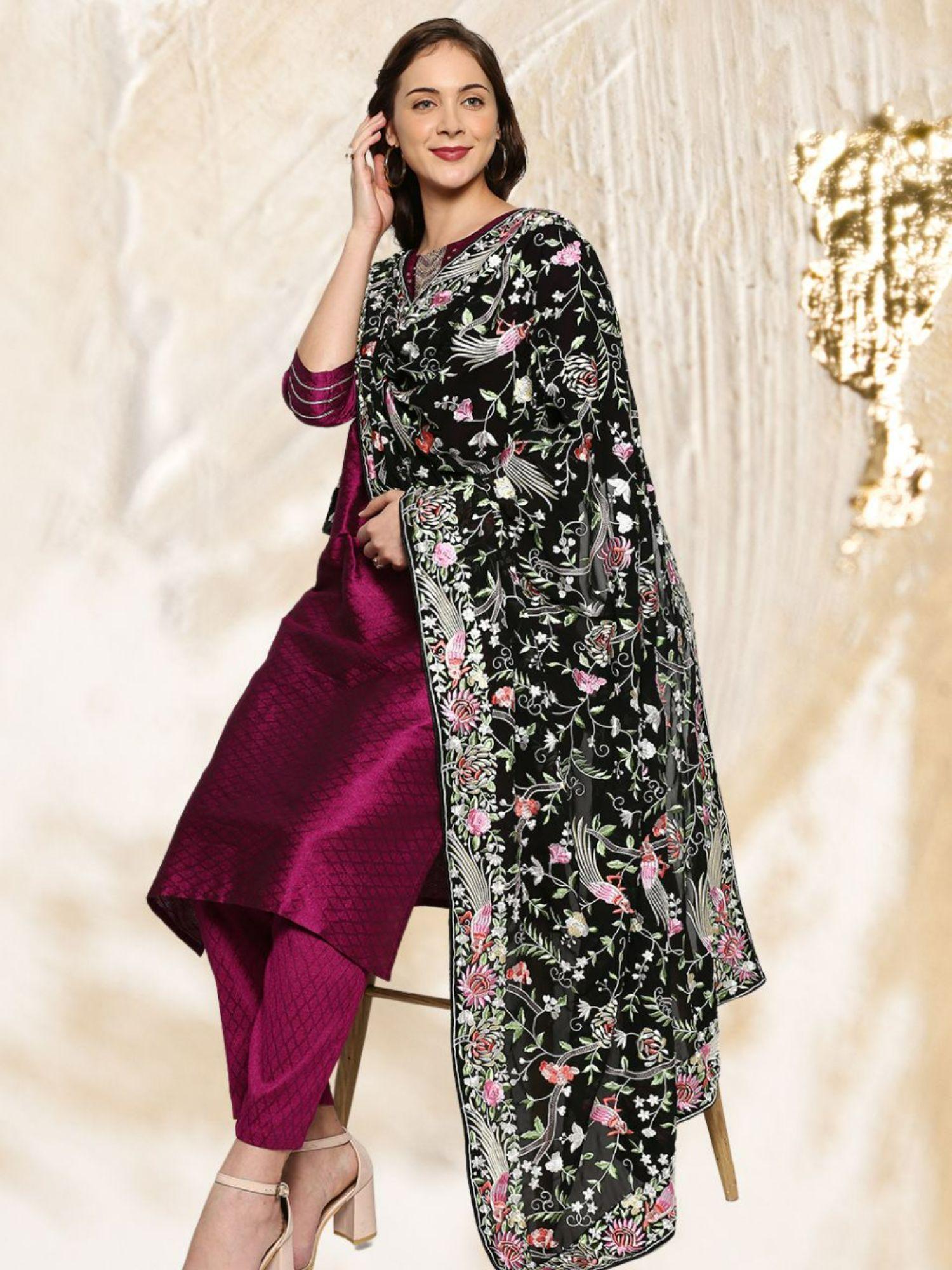 women's parsi gara thread work embroidered georgette black & multicolour dupatta