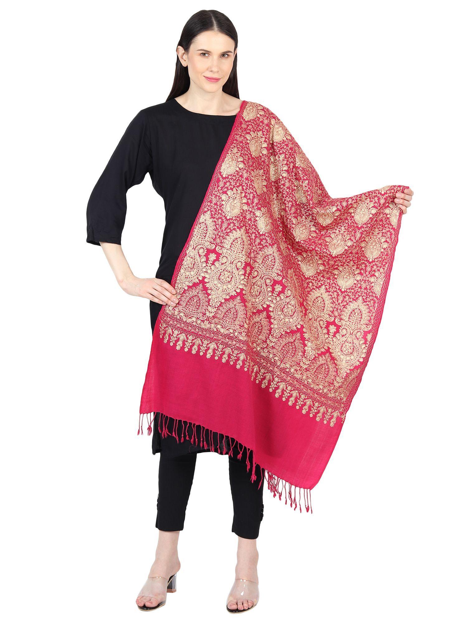 women's pashmina fine wool, zari embroidery work stole -pink
