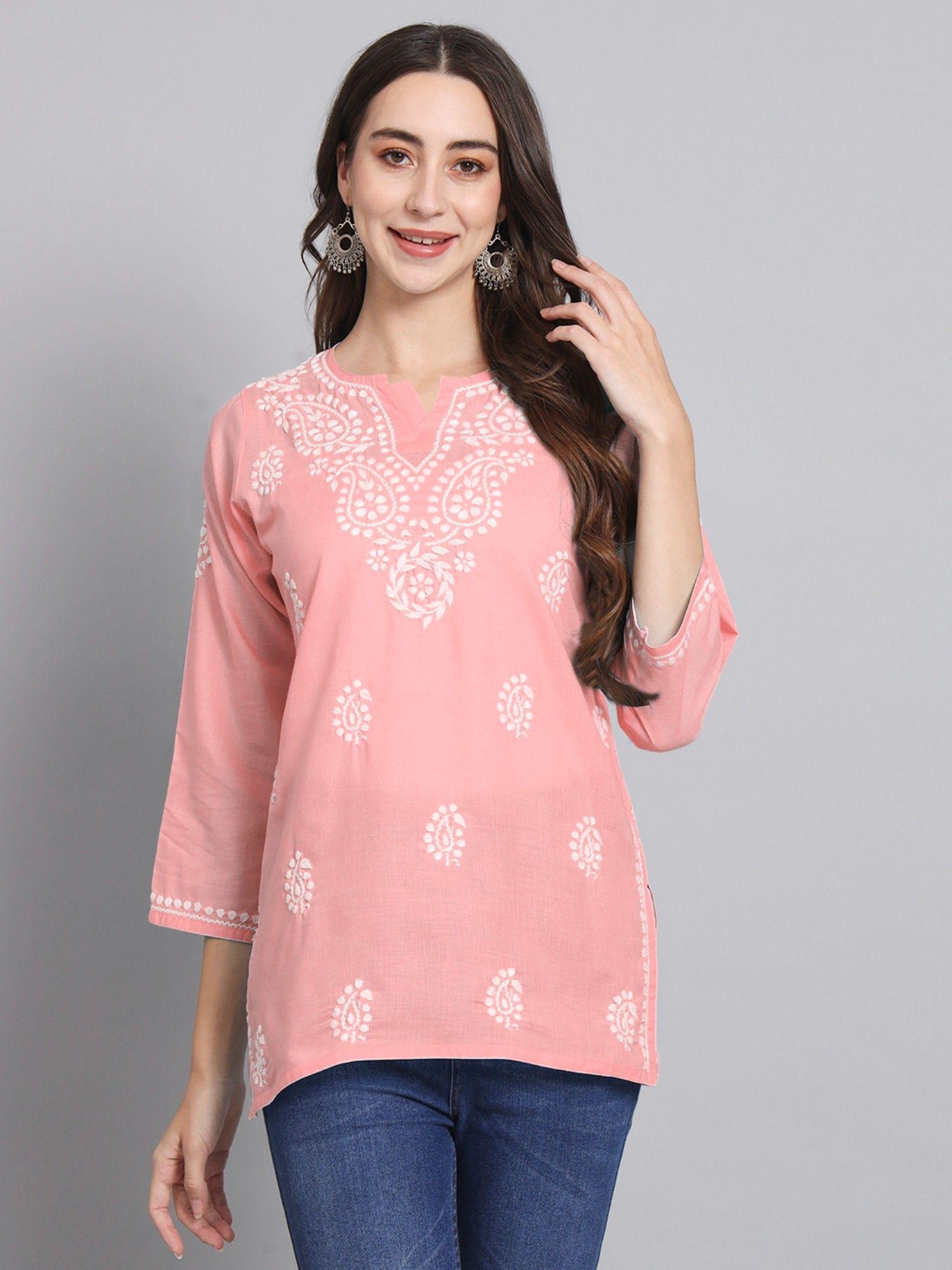 women's peach ethnic motifs hand embroidered chikankari cotton tunic