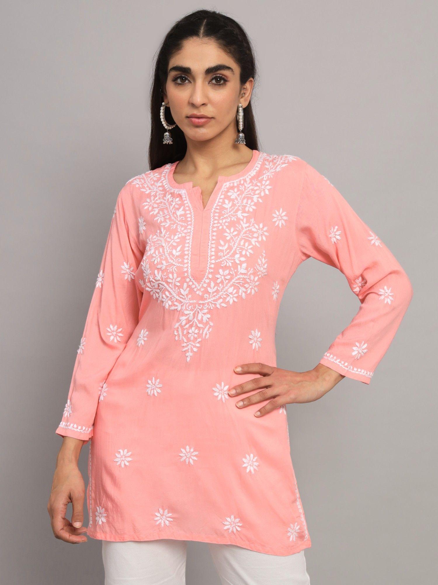 women's peach ethnic motifs hand embroidered chikankari modal tunic