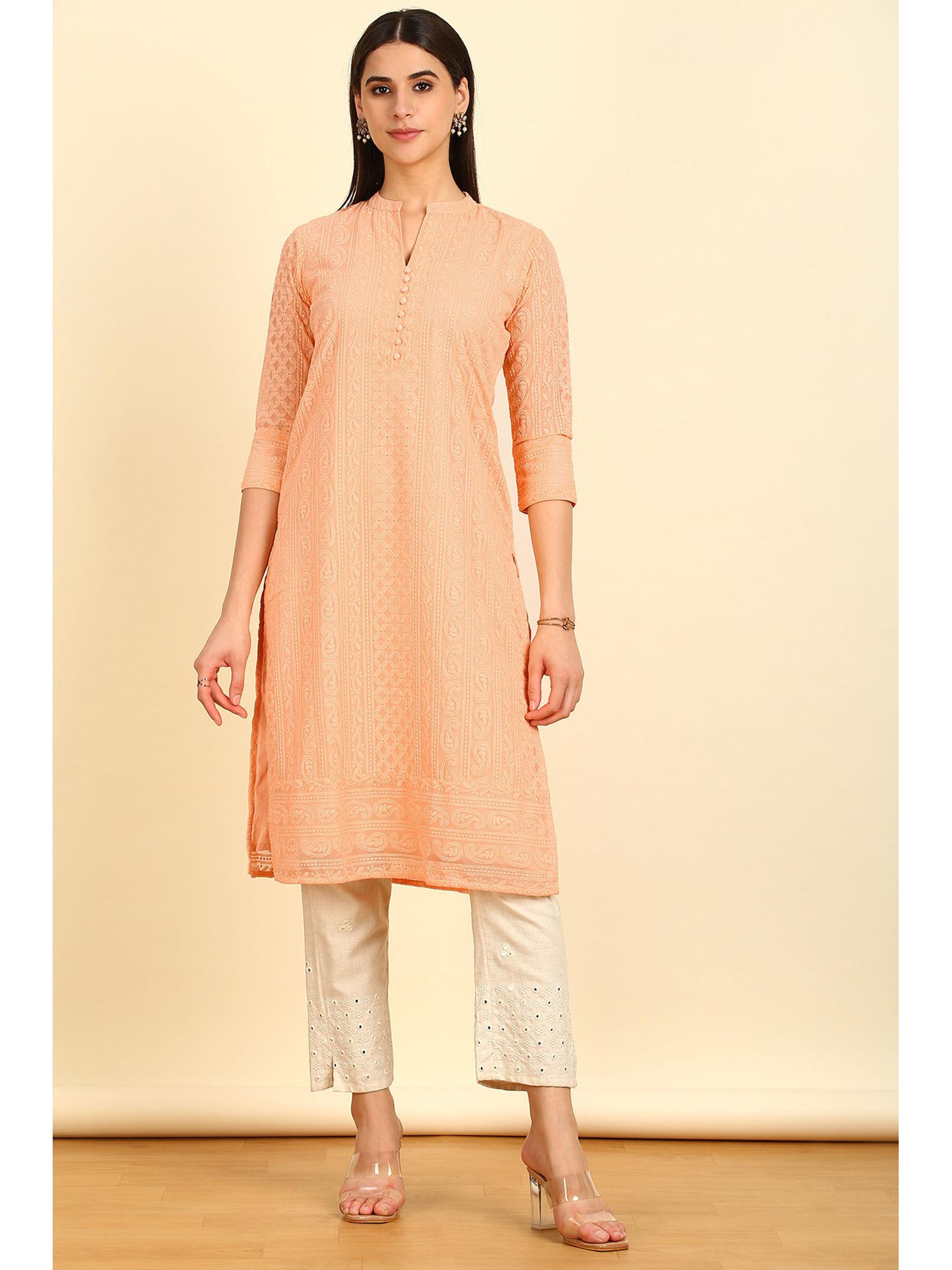 women's peach georgette kurta with thread work