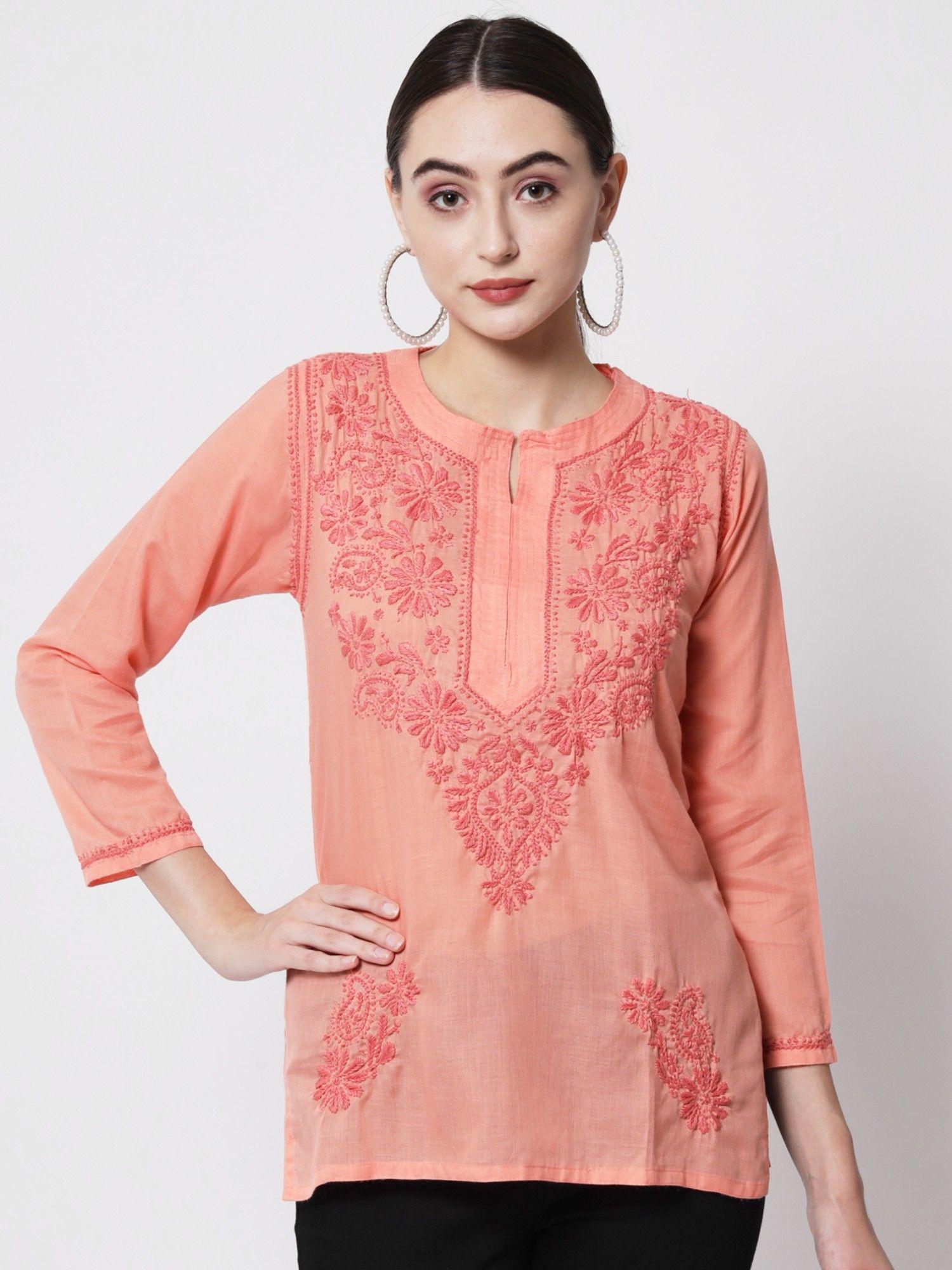 women's peach hand embroidered chikankari cotton short tunic