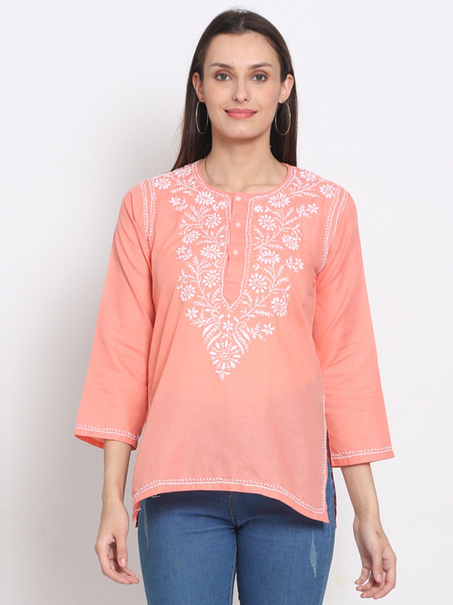 women's peach hand embroidered chikankari cotton short tunic