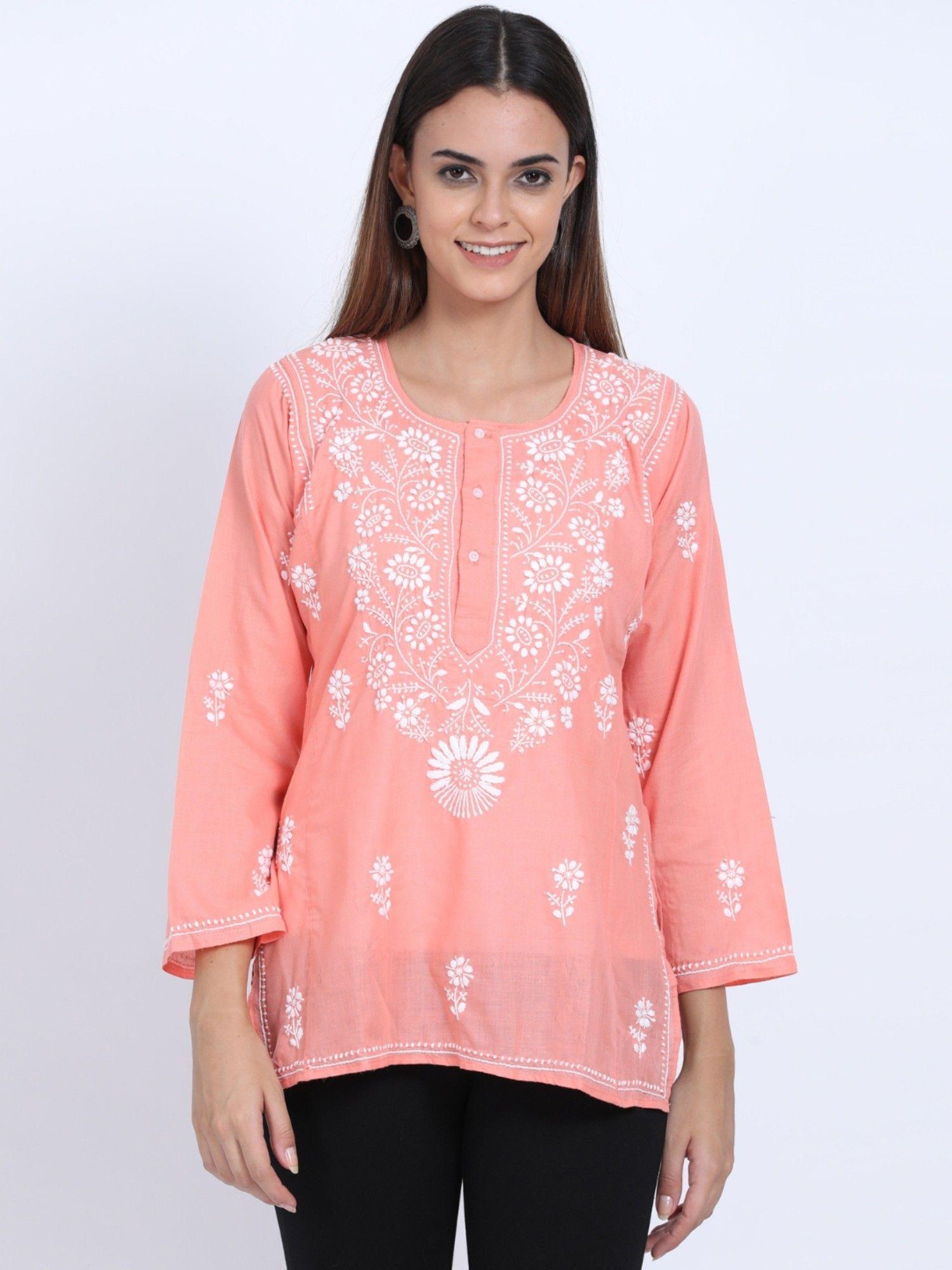 women's peach hand embroidered chikankari cotton short tunic