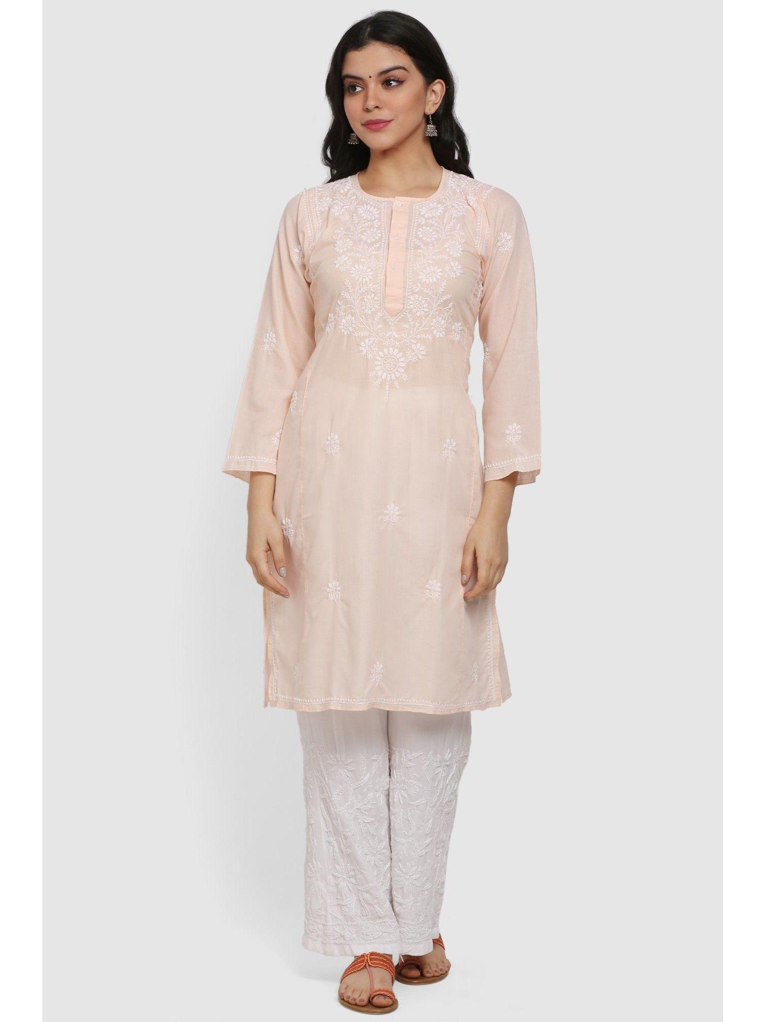 women's peach hand embroidered chikankari cotton straight kurta